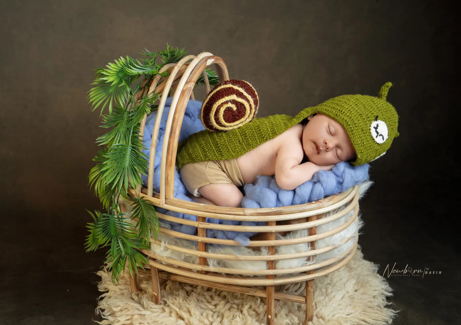 Newborn baby dressed in a crocheted snail costume, sleeping in a wicker basket bassinet lined with a blue knit blanket and palm fronds.